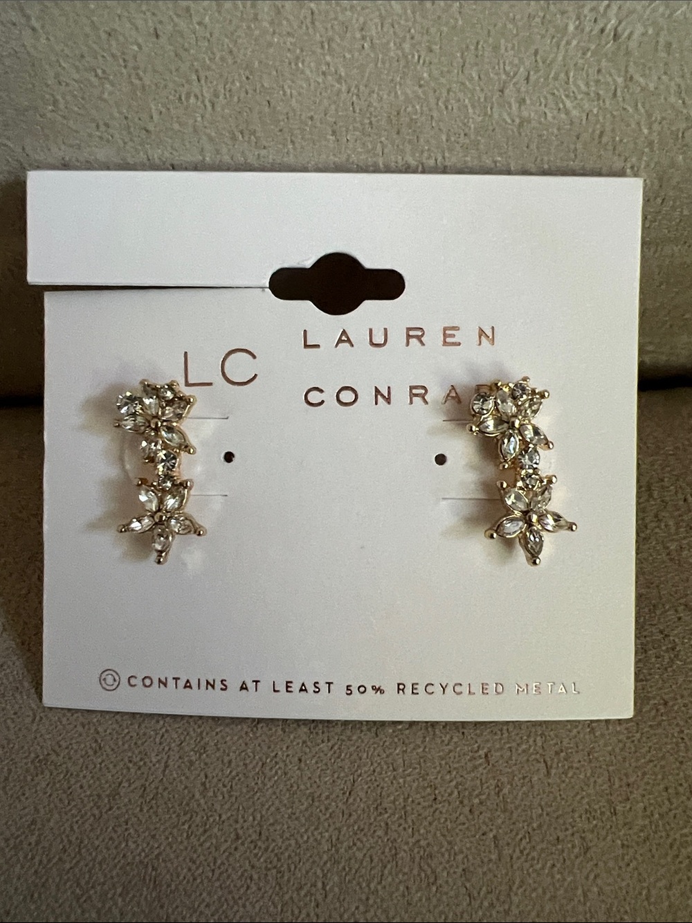 NWT LC Lauren Conrad Gold and Clear Crystal Ear Climbers for Pierced Ears